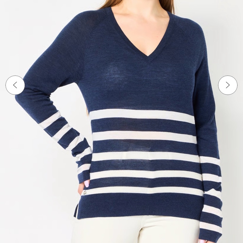 Lacoste Women's V-neck 100%‎ Merino Wool Blue White Striped Sweater size 36-S